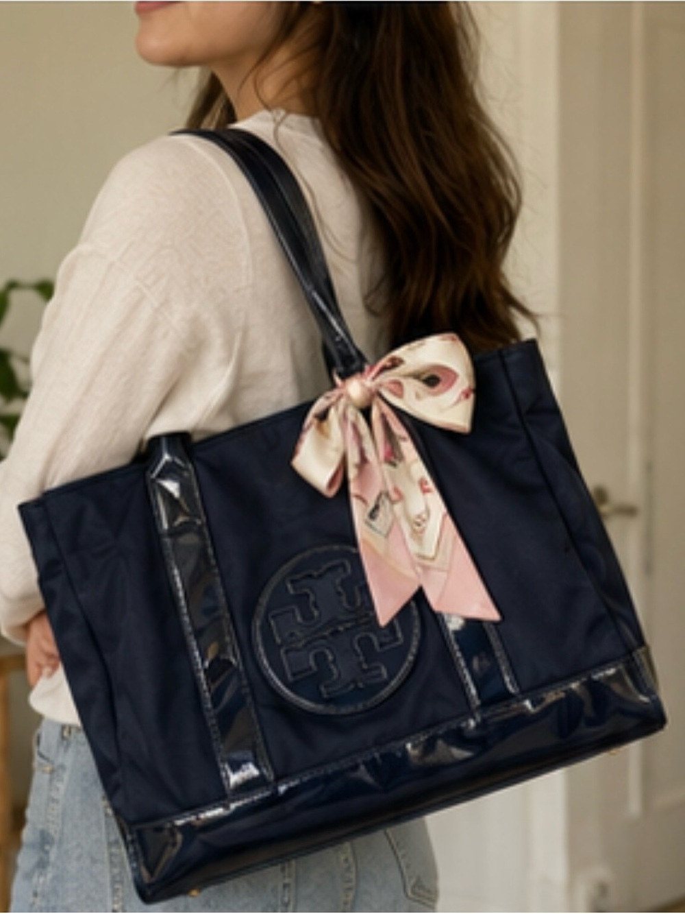 Authentic Tory Burch Navy Logo Tote with Pink Scarf Accent